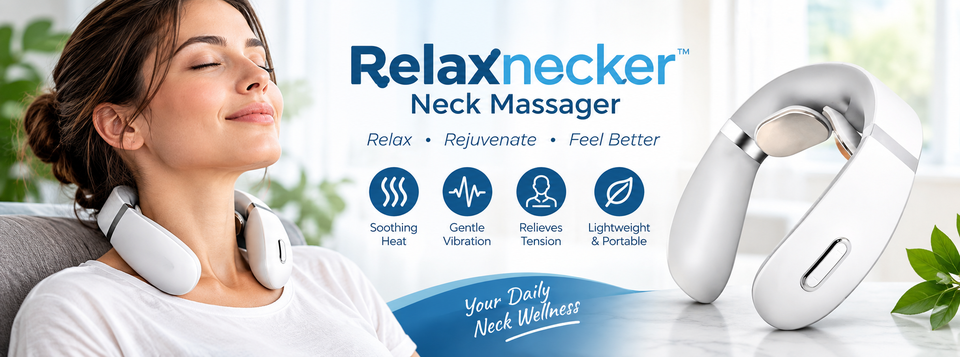 Relaxnecker Neck Massager original promotional artwork: a woman wearing the white neck massager beside a full product view, advertising heat, vibration, relaxation, and portability